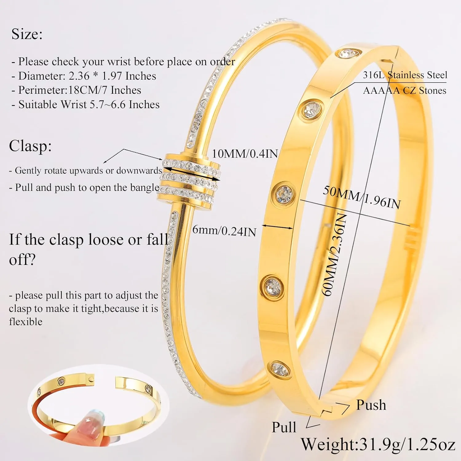 18K Gold Plated Stainless Steel Cuff Bracelet & Love Friendship Screw Bangle Bracelet Set for Women with Gift Box