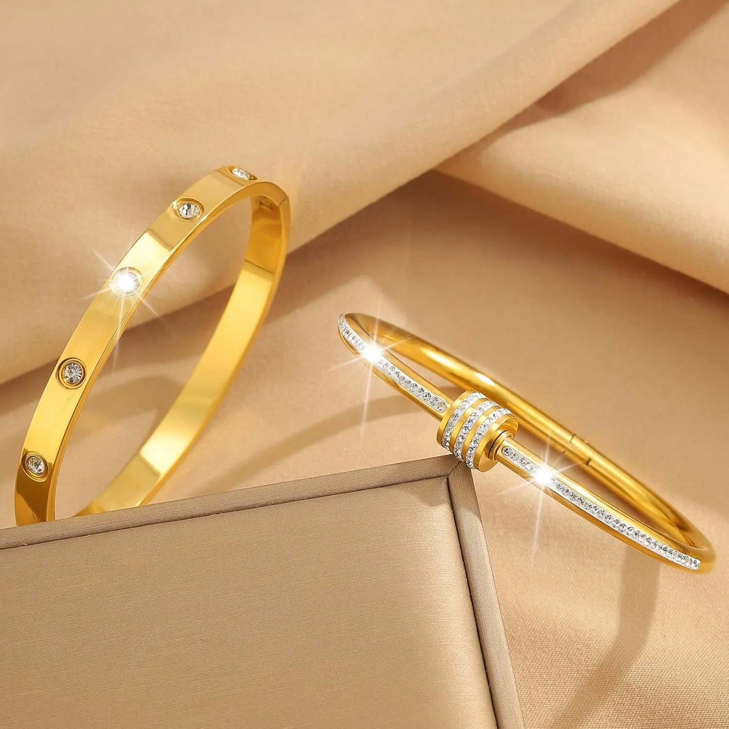 18K Gold Plated Stainless Steel Cuff Bracelet & Love Friendship Screw Bangle Bracelet Set for Women with Gift Box