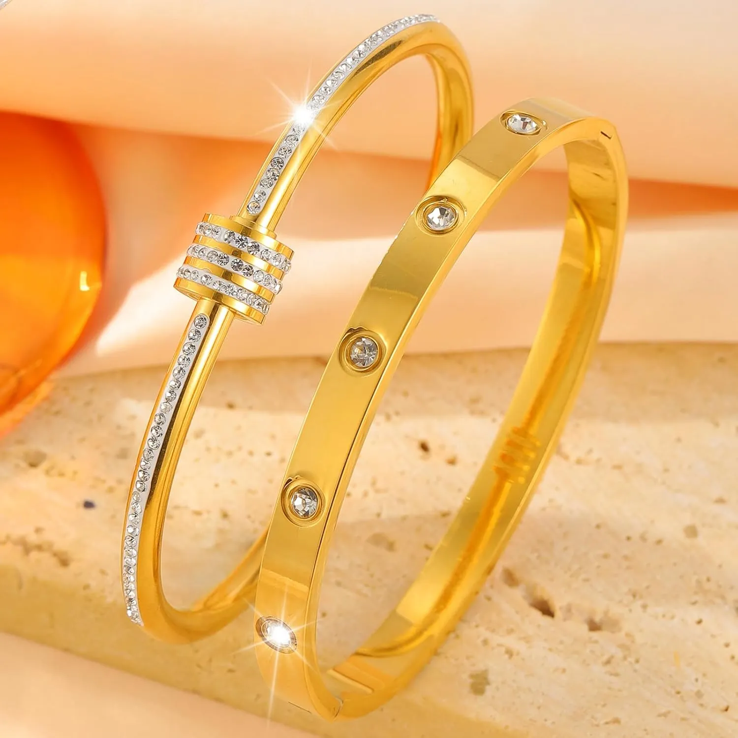 18K Gold Plated Stainless Steel Cuff Bracelet & Love Friendship Screw Bangle Bracelet Set for Women with Gift Box