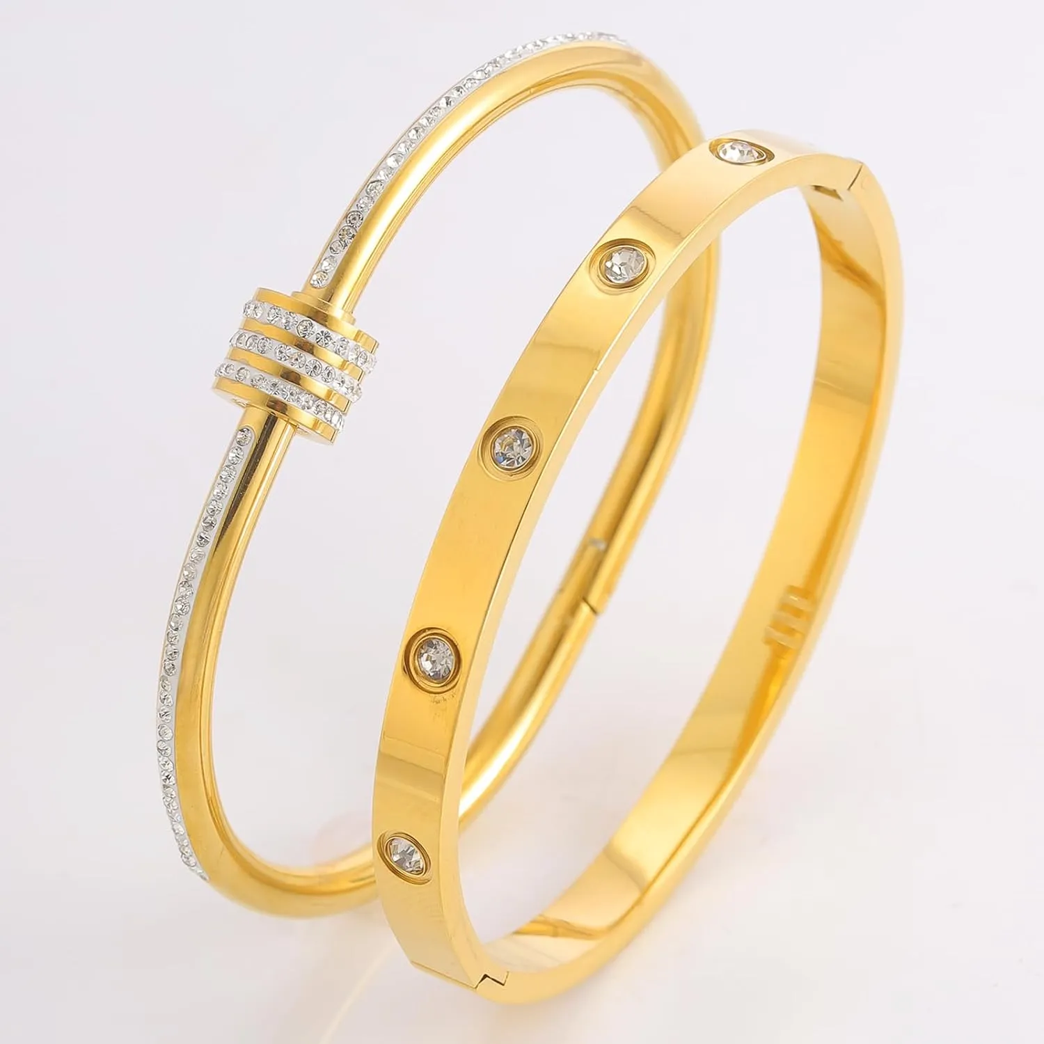 18K Gold Plated Stainless Steel Cuff Bracelet & Love Friendship Screw Bangle Bracelet Set for Women with Gift Box