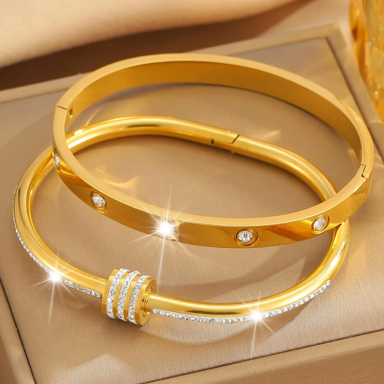 18K Gold Plated Stainless Steel Cuff Bracelet & Love Friendship Screw Bangle Bracelet Set for Women with Gift Box