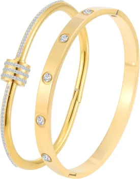 18K Gold Plated Stainless Steel Cuff Bracelet & Love Friendship Screw Bangle Bracelet Set for Women with Gift Box