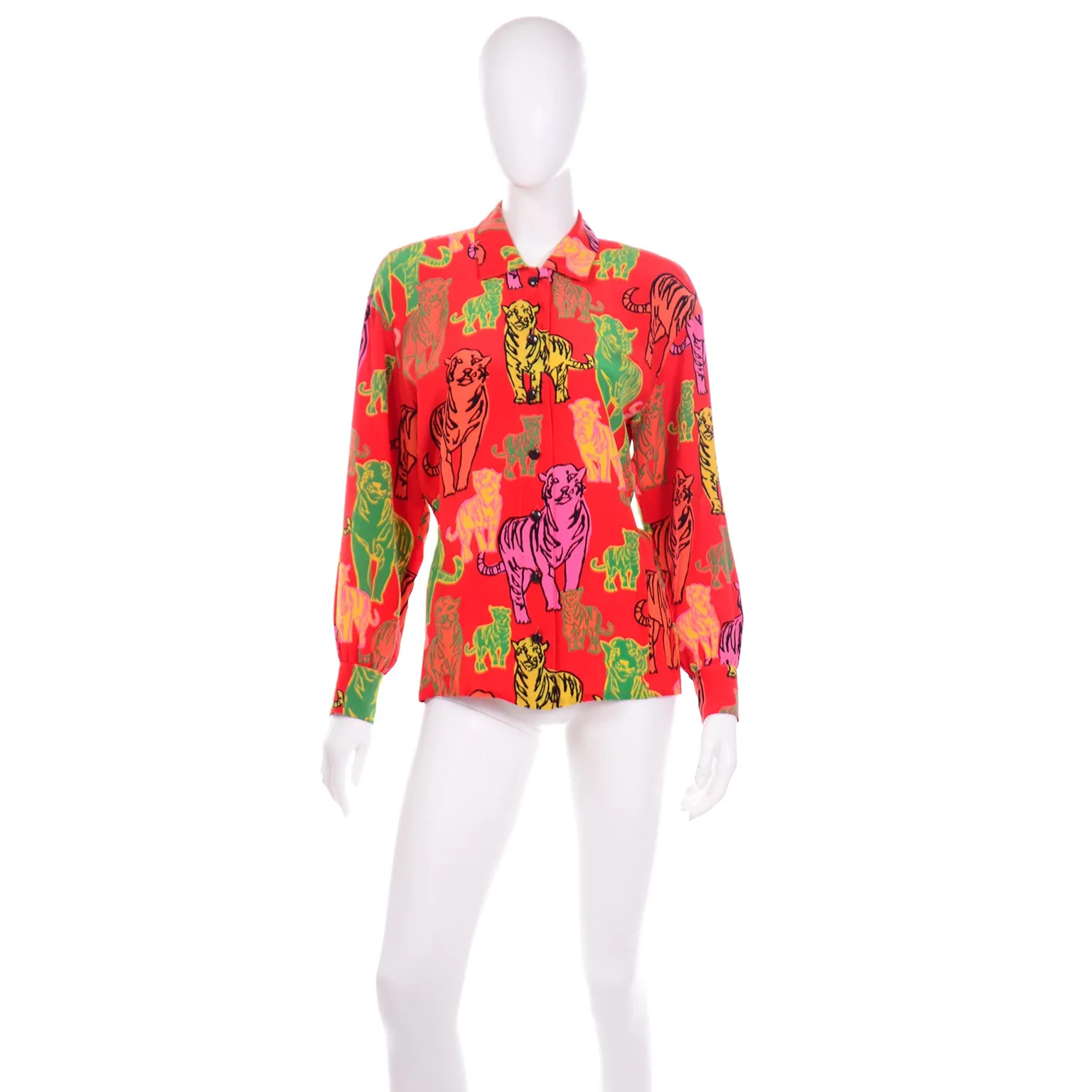 1980s Rare Margaretha Ley Escada Colorful Red Silk Tiger Blouse