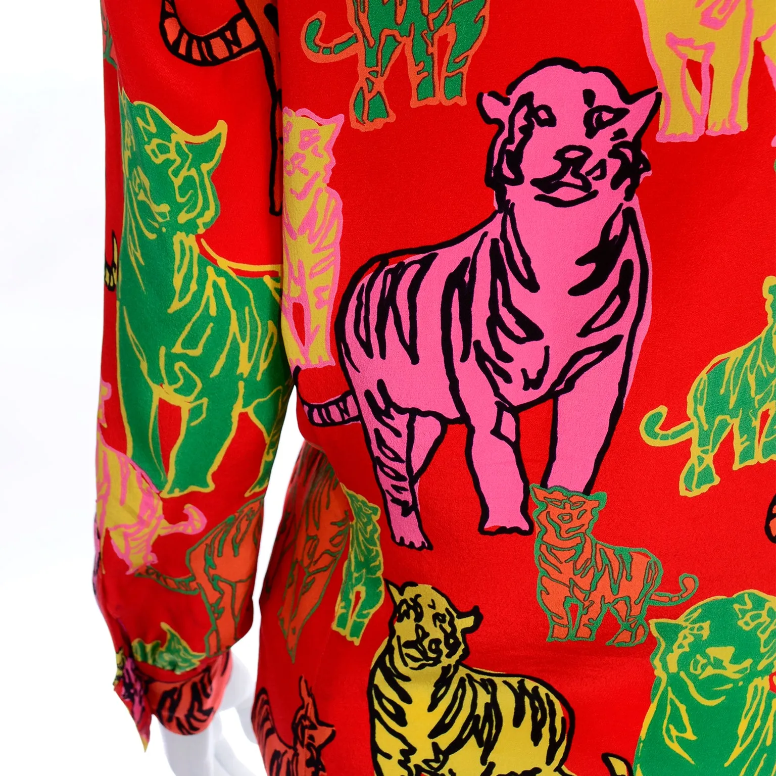 1980s Rare Margaretha Ley Escada Colorful Red Silk Tiger Blouse