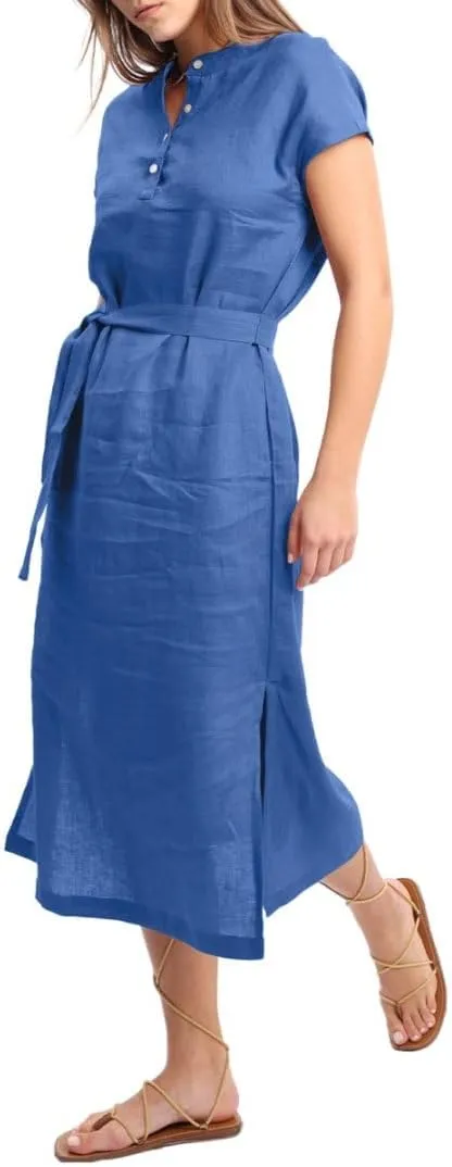 Amazhiyu Women's 100% Linen Summer Banded Collar Button Midi Dresses with Slits