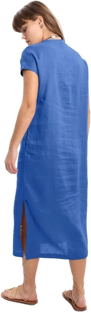 Amazhiyu Women's 100% Linen Summer Banded Collar Button Midi Dresses with Slits