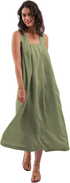 Amazhiyu Women's Pure Linen Summer Sleeveless Strap Midi Dresses with Pockets