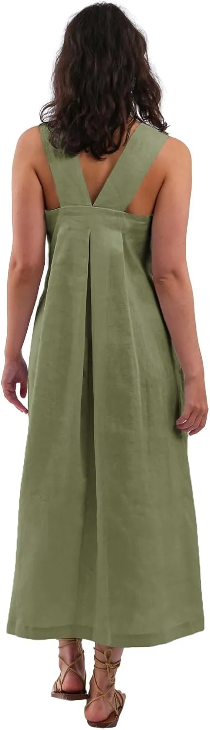 Amazhiyu Women's Pure Linen Summer Sleeveless Strap Midi Dresses with Pockets