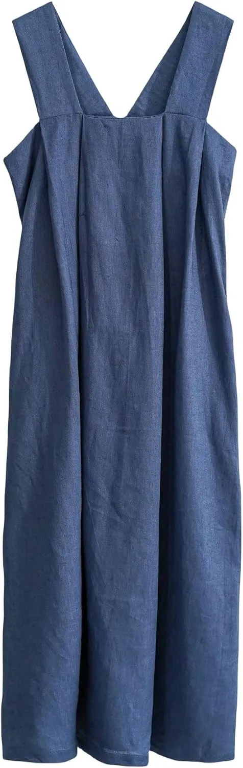 Amazhiyu Women's Pure Linen Summer Sleeveless Strap Midi Dresses with Pockets