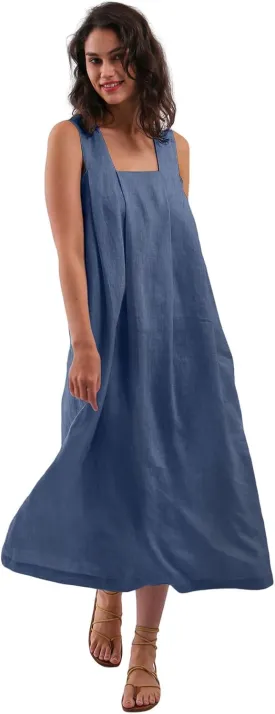 Amazhiyu Women's Pure Linen Summer Sleeveless Strap Midi Dresses with Pockets