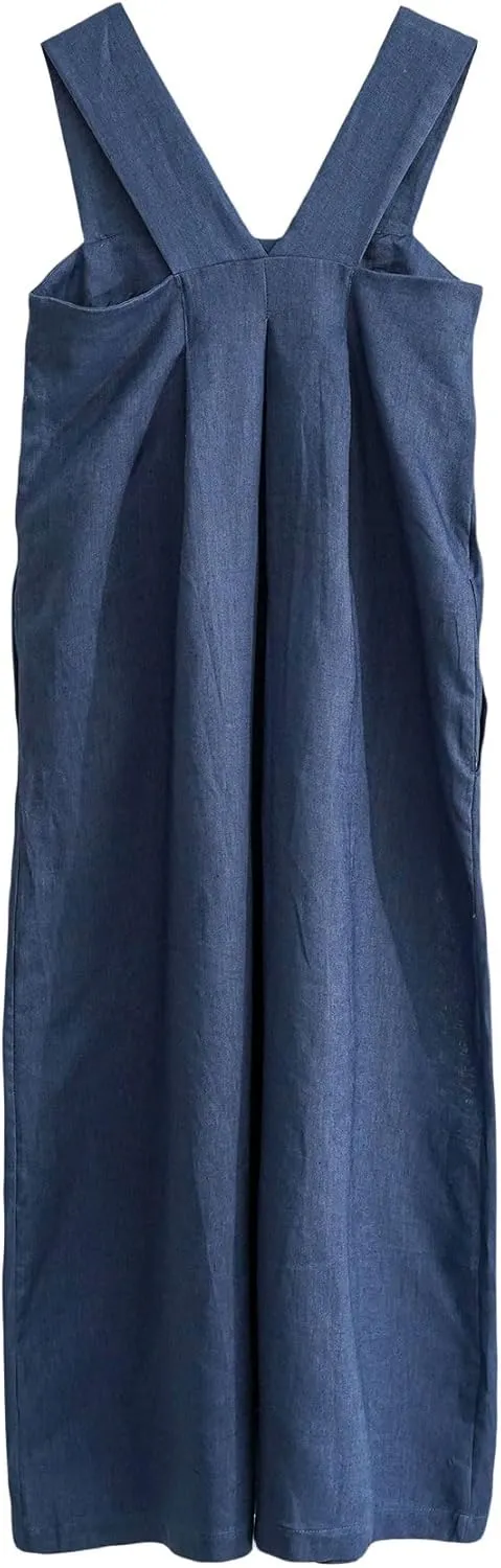 Amazhiyu Women's Pure Linen Summer Sleeveless Strap Midi Dresses with Pockets