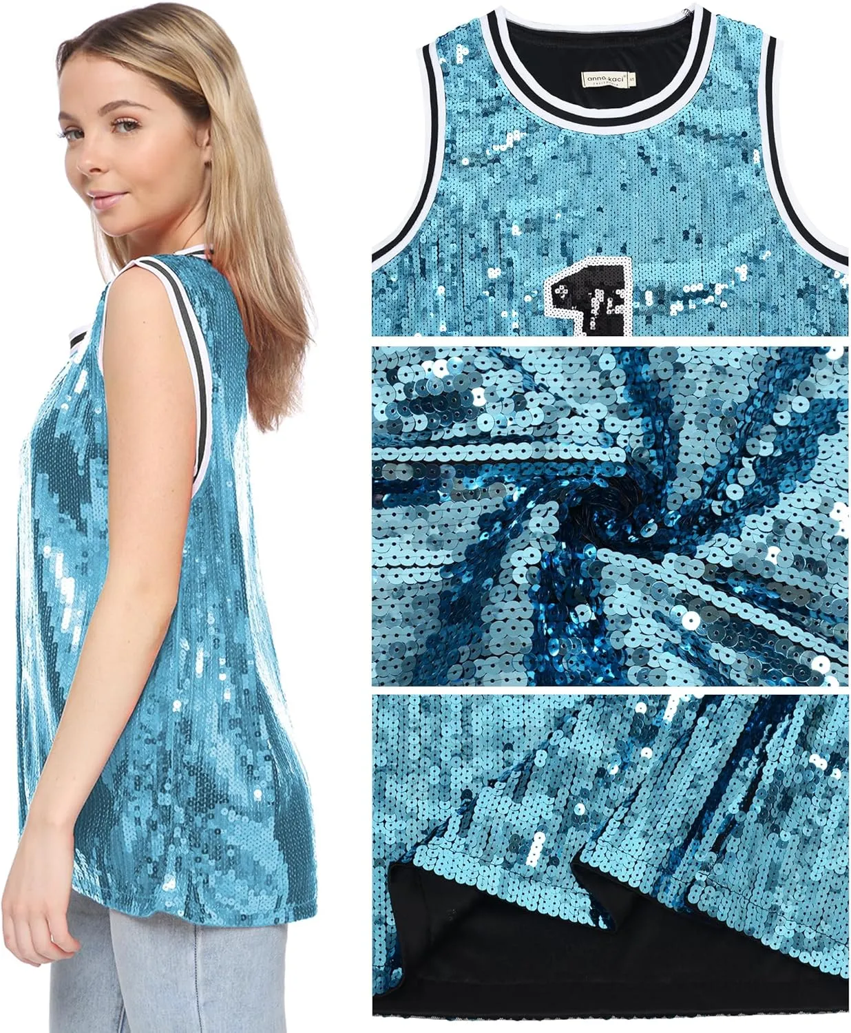 Anna-Kaci Sparkle Glitter Hip Hop T-Shirt Top Tunic Basketball Sequins Tank Vests
