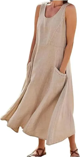 Apvirdy Linen Dress for Women Summer Sleeveless Solid Casual Baggy Flowy Maxi Dresses with Pockets