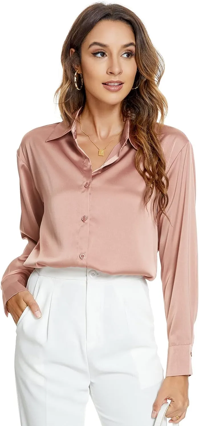 Atnlewhi Womens Long Sleeve Button Down Satin Silk Shirts Casual Business Office Work Blouses Tops