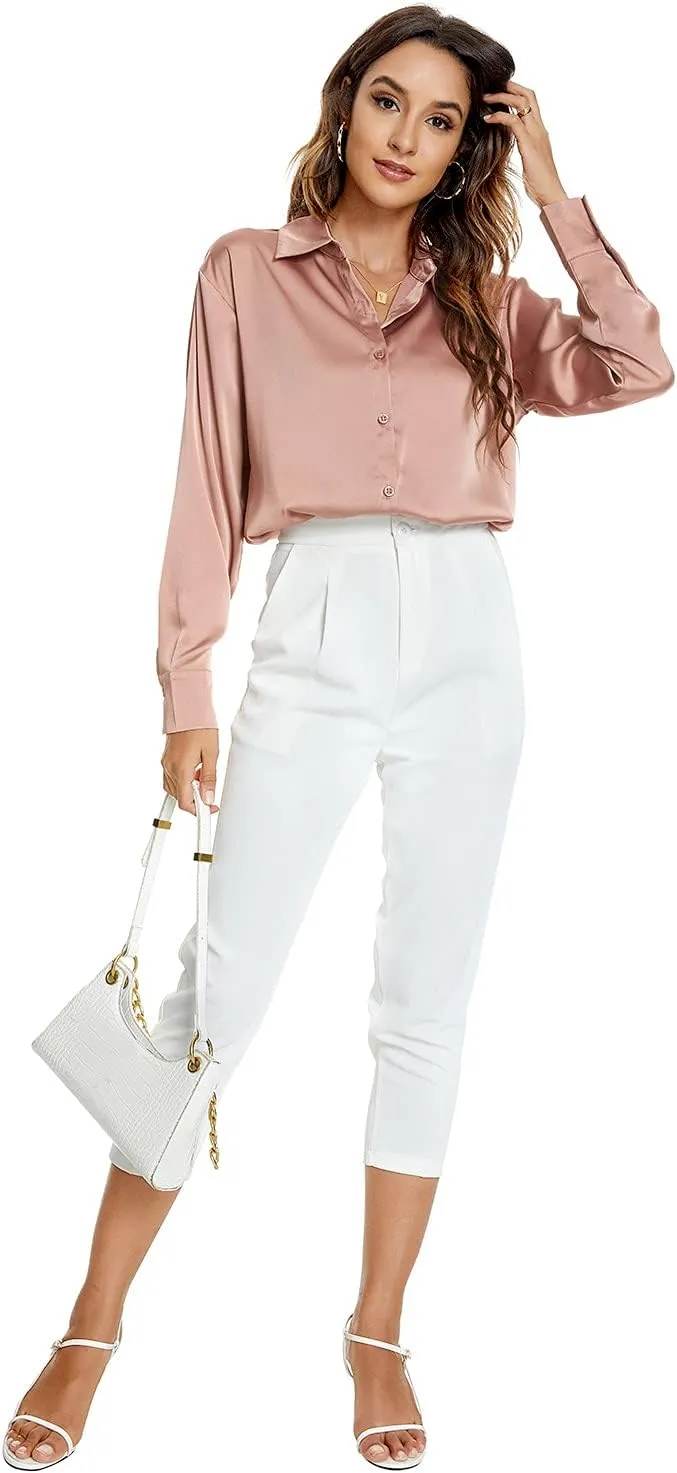 Atnlewhi Womens Long Sleeve Button Down Satin Silk Shirts Casual Business Office Work Blouses Tops