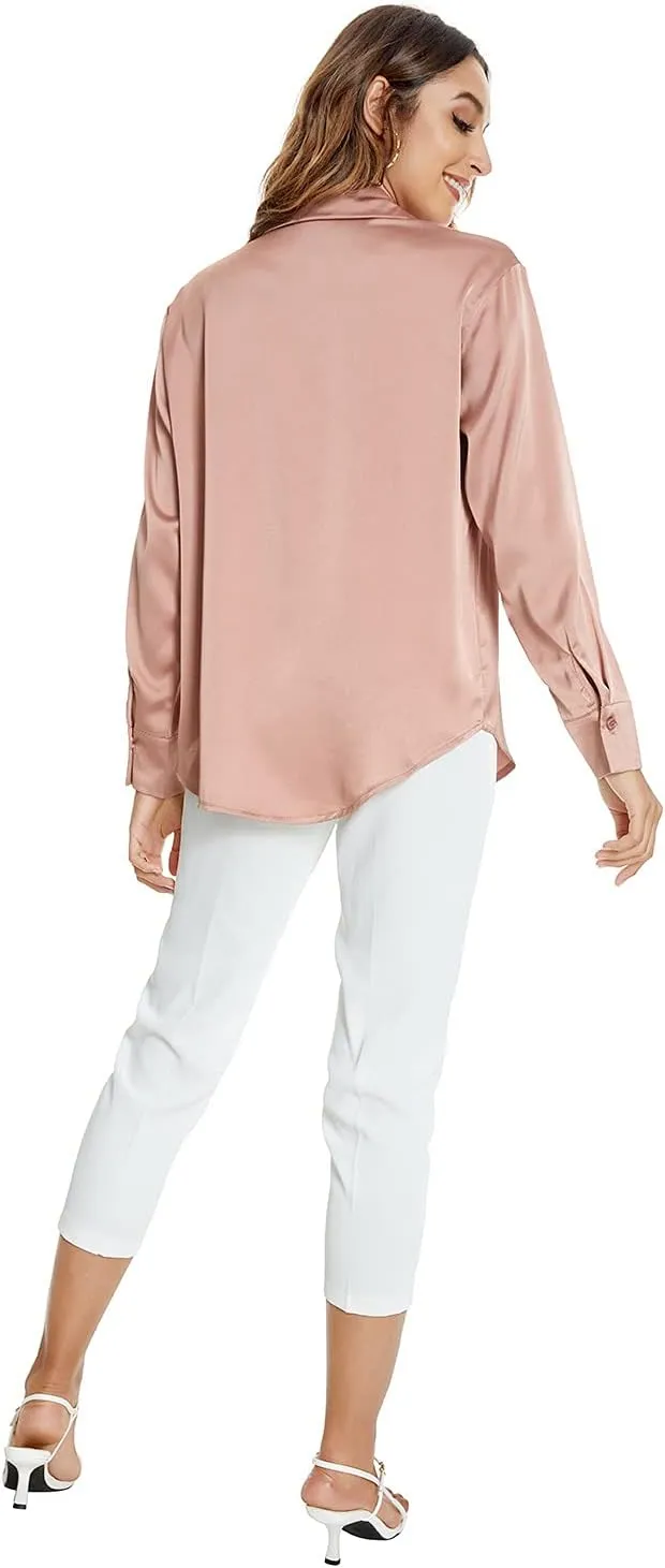 Atnlewhi Womens Long Sleeve Button Down Satin Silk Shirts Casual Business Office Work Blouses Tops