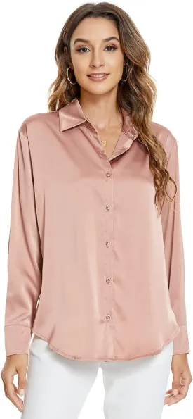 Atnlewhi Womens Long Sleeve Button Down Satin Silk Shirts Casual Business Office Work Blouses Tops