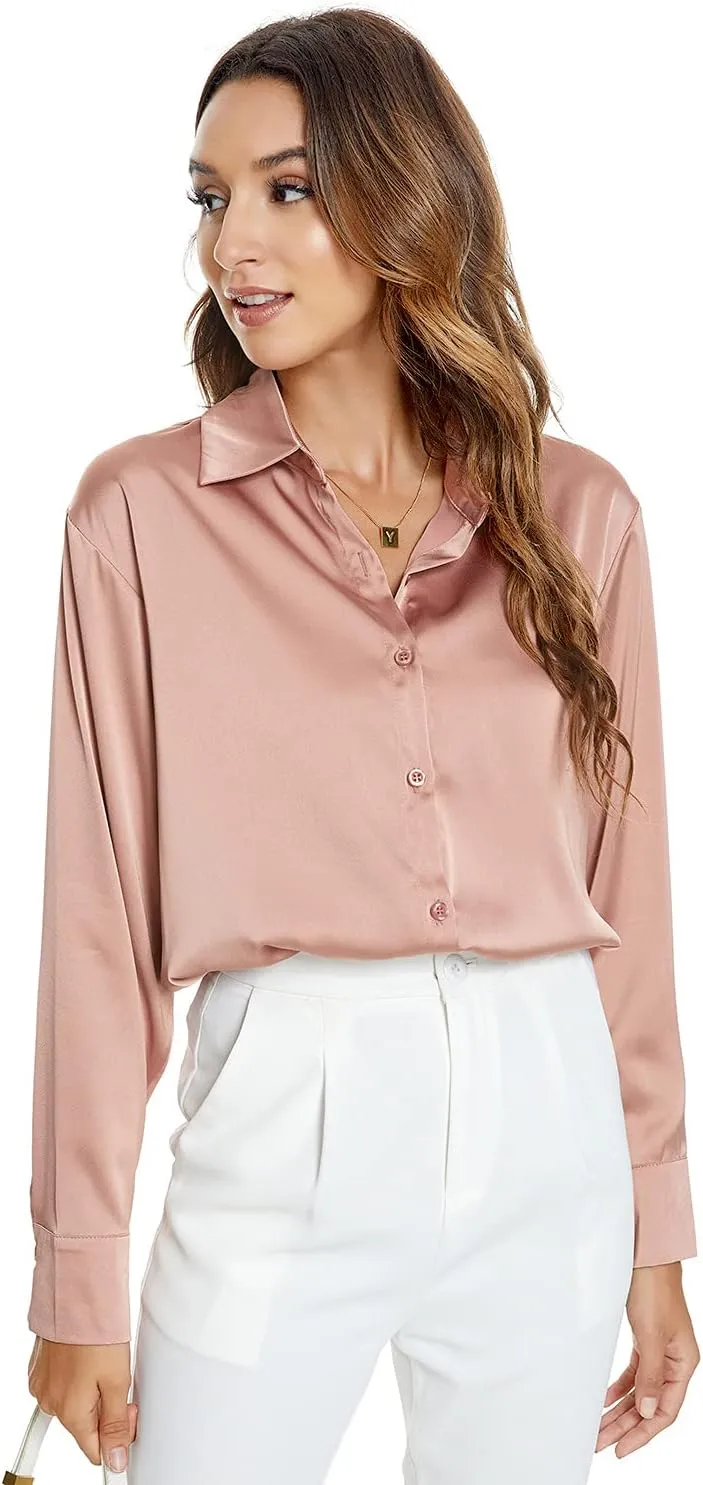 Atnlewhi Womens Long Sleeve Button Down Satin Silk Shirts Casual Business Office Work Blouses Tops