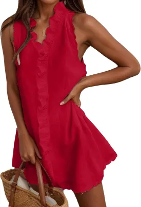 Bengbobar Linen Dresses for Women 2025 Ruffled Sleeveless Solid V Neck Short Linen Summer Mini Dress