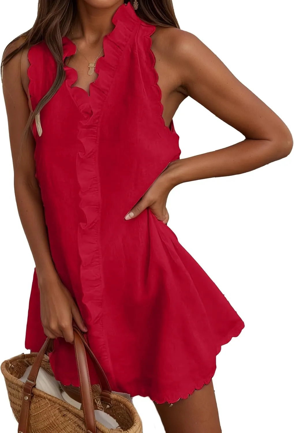 Bengbobar Linen Dresses for Women 2025 Ruffled Sleeveless Solid V Neck Short Linen Summer Mini Dress
