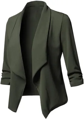 Blazers for Women,Stretch 3/4 Gathered Sleeve Business Casual Blazer,Classic Draped Open Front Lightweight Jackets