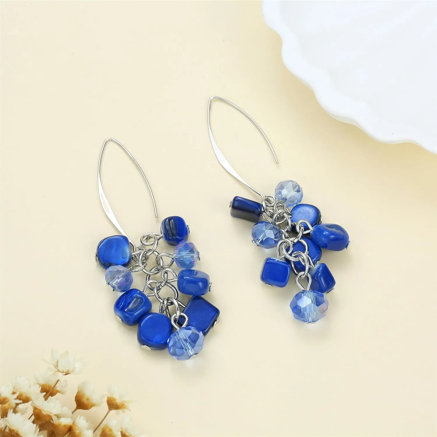 Boho Beads Drop Earrings Colorful Crystal Stone Long Hook Earrings for Women Dangling