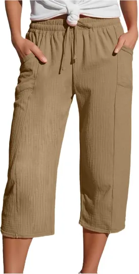 Capri Pants for Women High Waisted Drawstring Wide Leg Linen Beach Cropped Pant Summer Casual Baggy Lightweight Capris