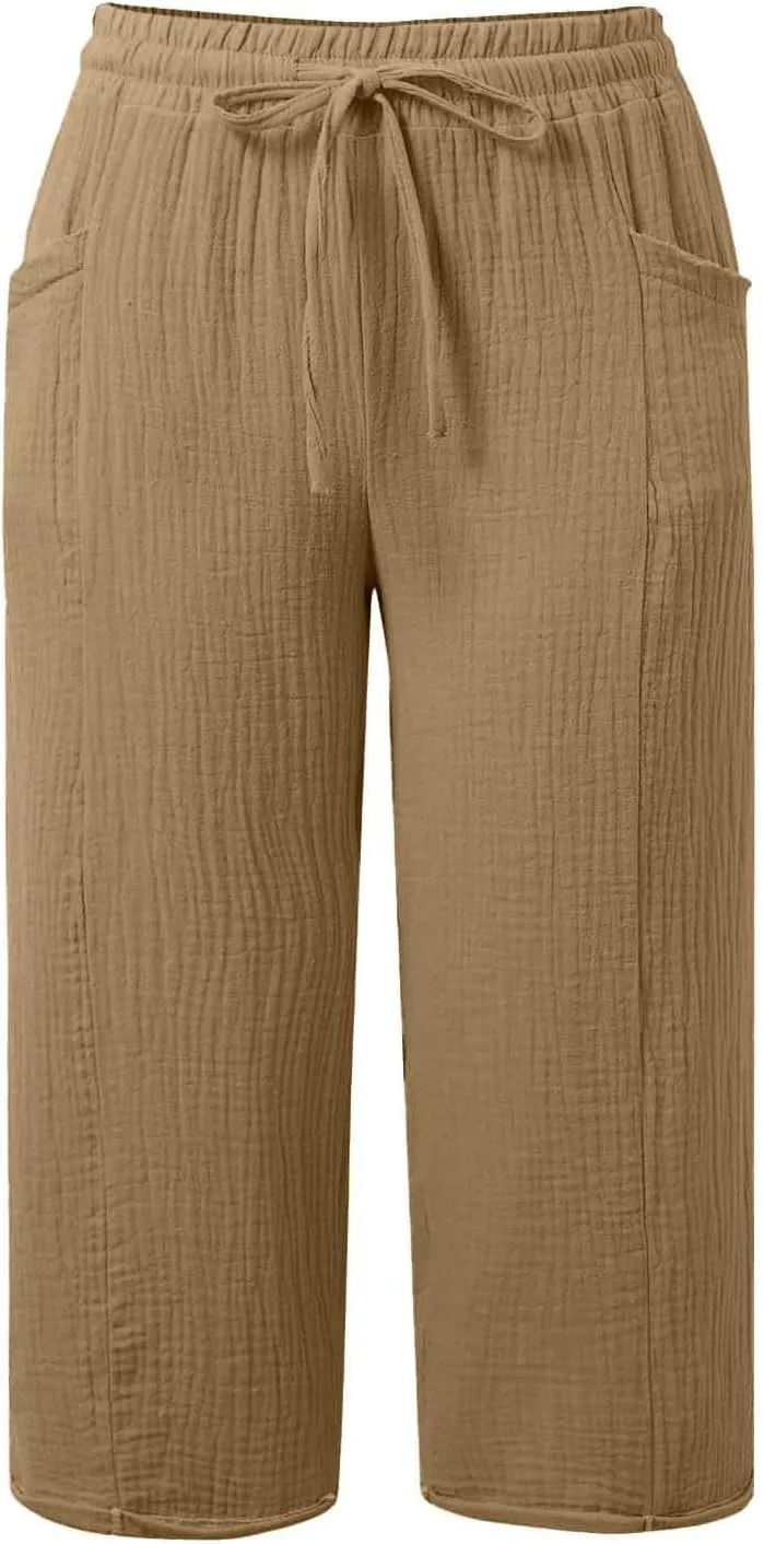 Capri Pants for Women High Waisted Drawstring Wide Leg Linen Beach Cropped Pant Summer Casual Baggy Lightweight Capris