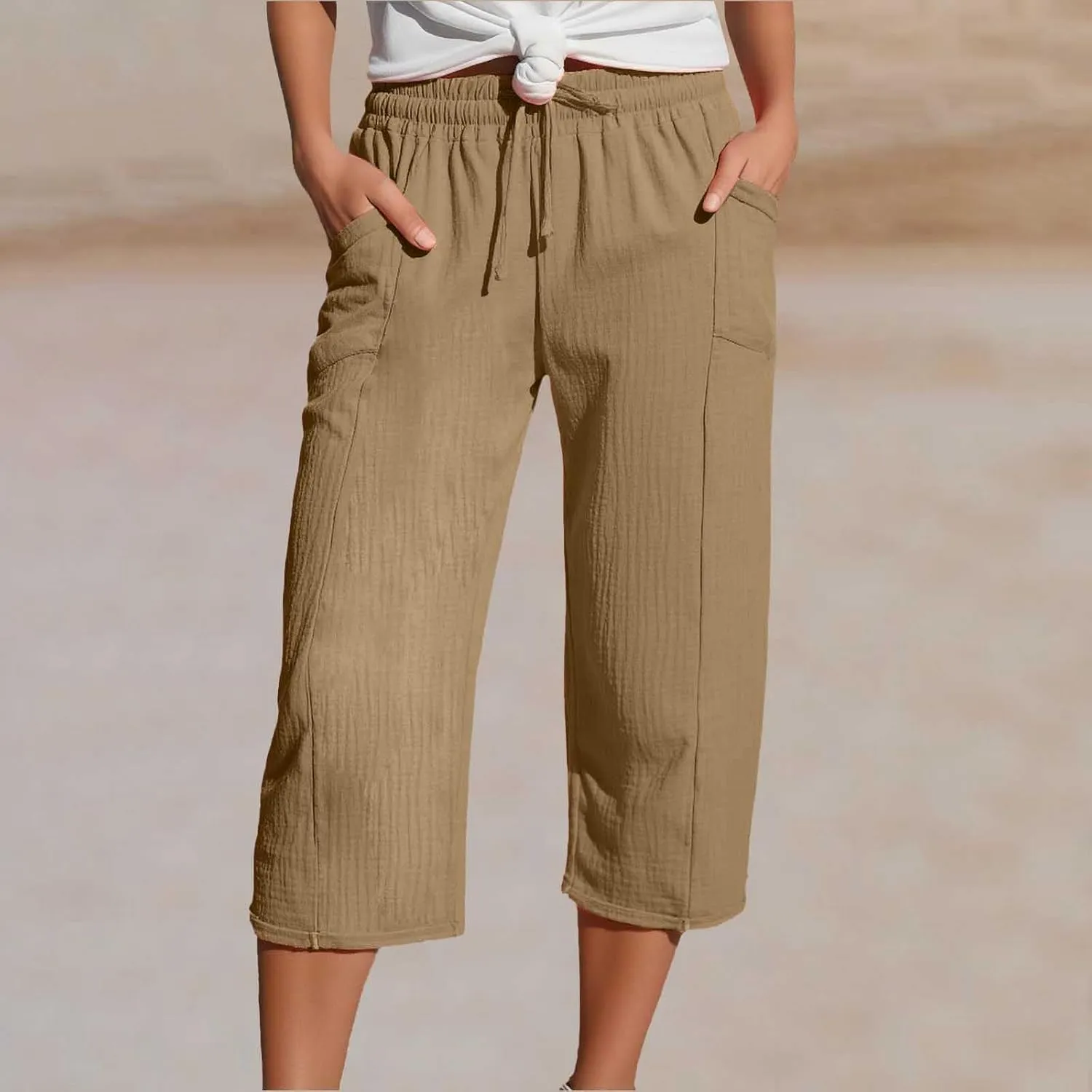 Capri Pants for Women High Waisted Drawstring Wide Leg Linen Beach Cropped Pant Summer Casual Baggy Lightweight Capris
