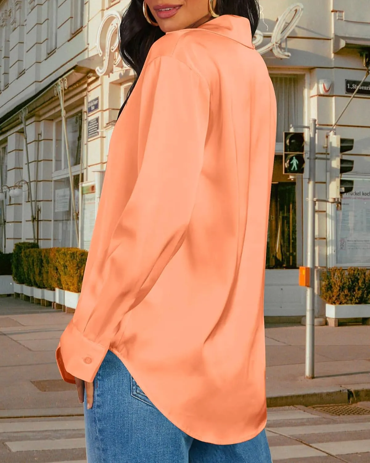 CBOO Women Elegant Satin Blouses Shirts, Soft Silk Shirts Top, Satin Button Down Shirts, Office Long Sleeve Blouse Shirt