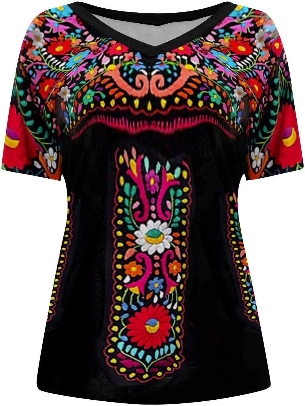 Ceboyel Mexican Shirts for Women Embroidered Peasant Blouses Top V Neck Short Sleeve T Shirts Vintage Bohemian Boho Clothes