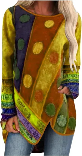 Ceboyel Womens Western Long Sleeve Shirt Aztec Ethnic Print Tunic Tops Irregular Hem Blouses Casual Vintage Fall Clothes 2023