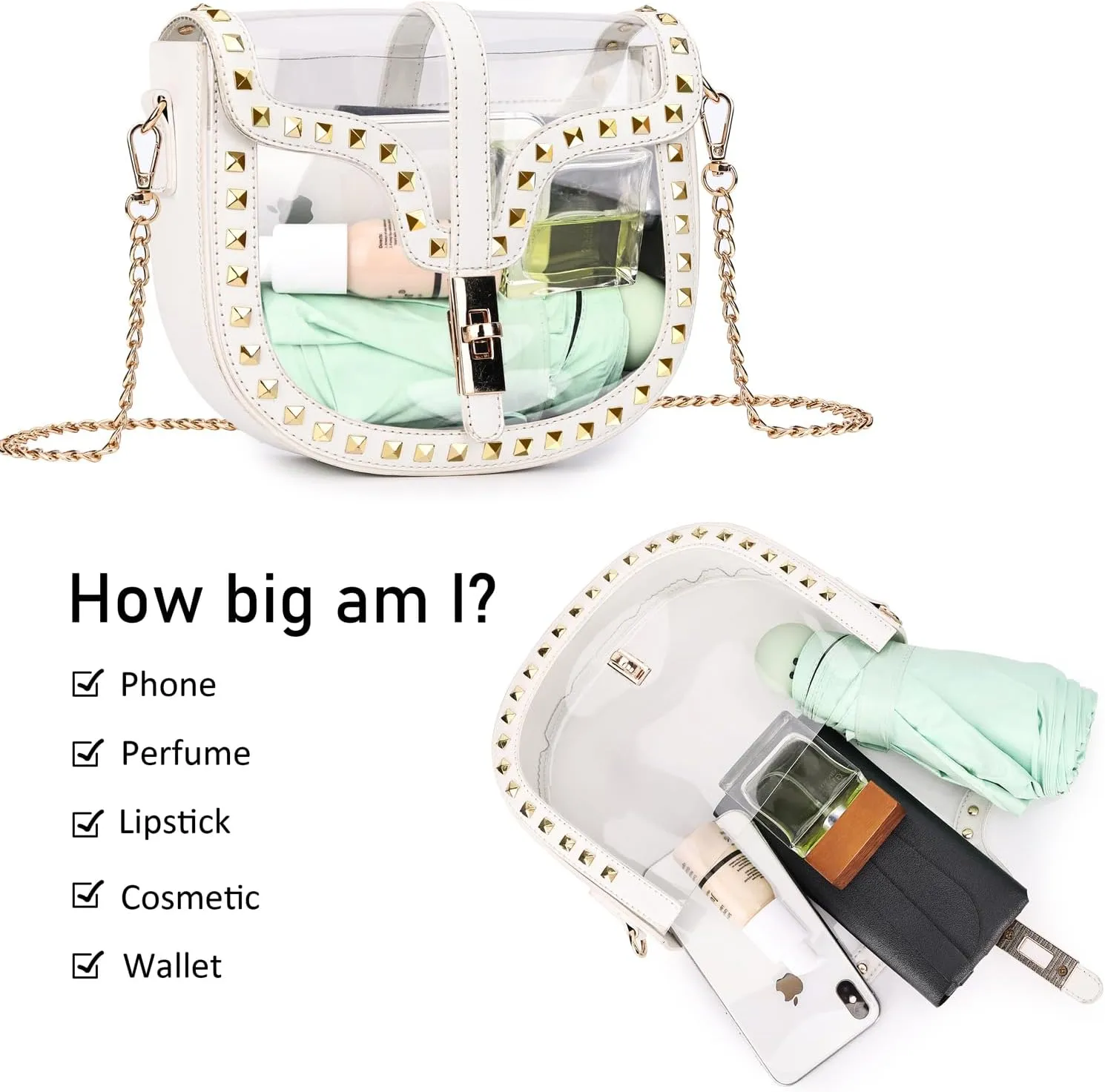 Clear Crossbody Bag for Women Stadium Approved- Vegan Leather See-Through Purse with Zipper, Stylish PVC Studded Should Bag