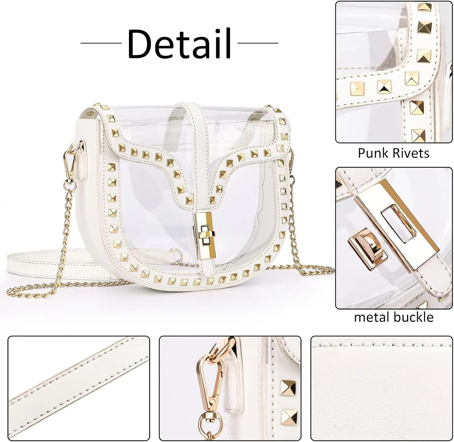 Clear Crossbody Bag for Women Stadium Approved- Vegan Leather See-Through Purse with Zipper, Stylish PVC Studded Should Bag