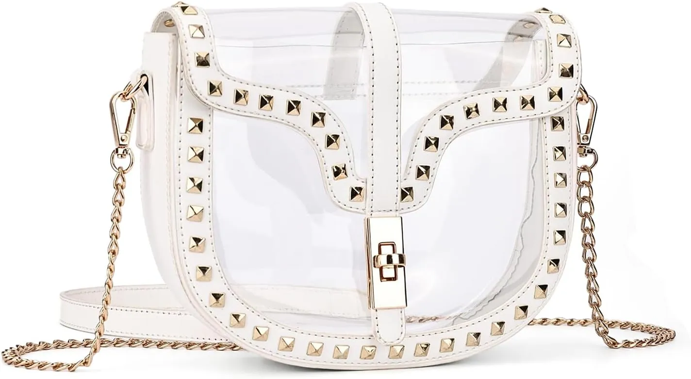 Clear Crossbody Bag for Women Stadium Approved- Vegan Leather See-Through Purse with Zipper, Stylish PVC Studded Should Bag