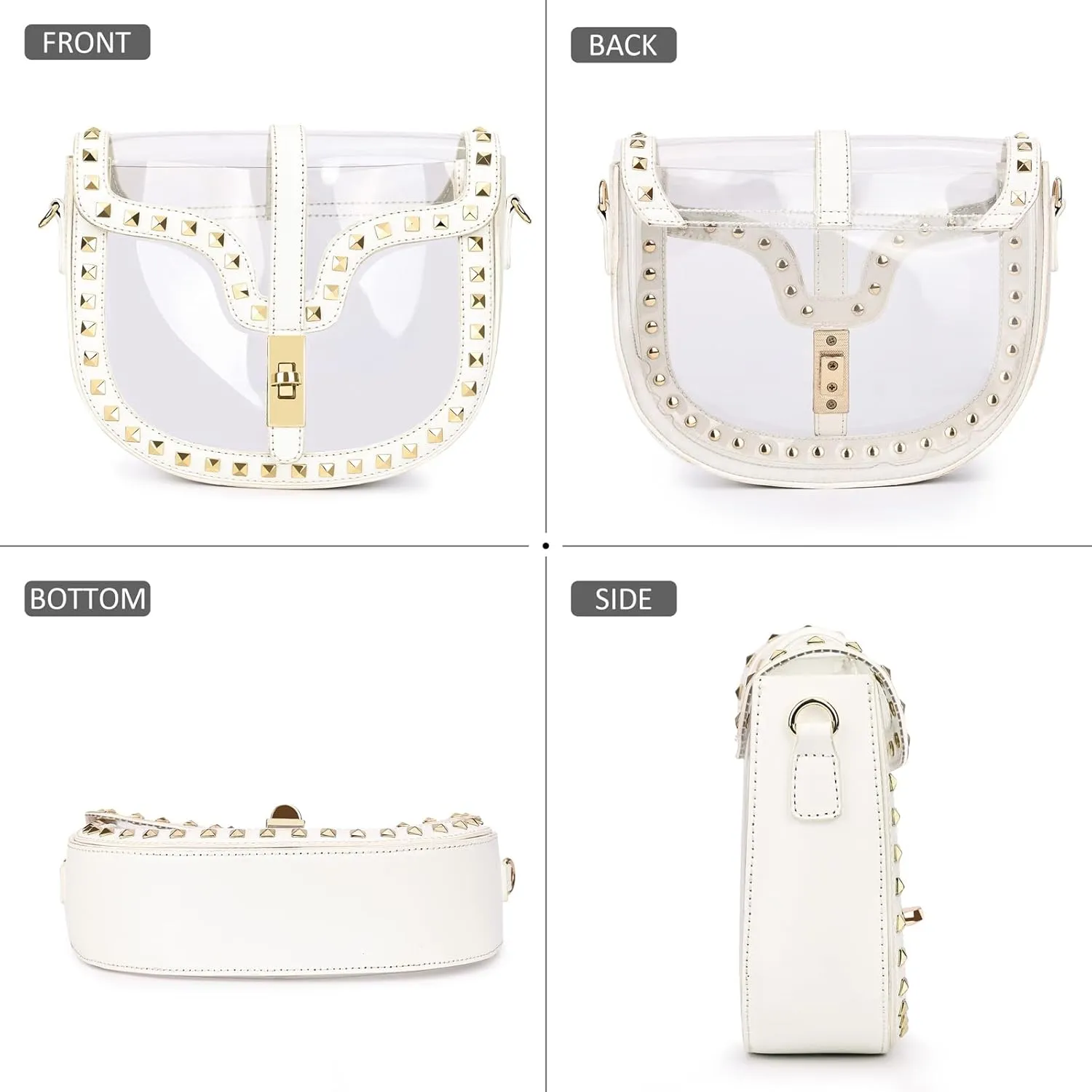Clear Crossbody Bag for Women Stadium Approved- Vegan Leather See-Through Purse with Zipper, Stylish PVC Studded Should Bag