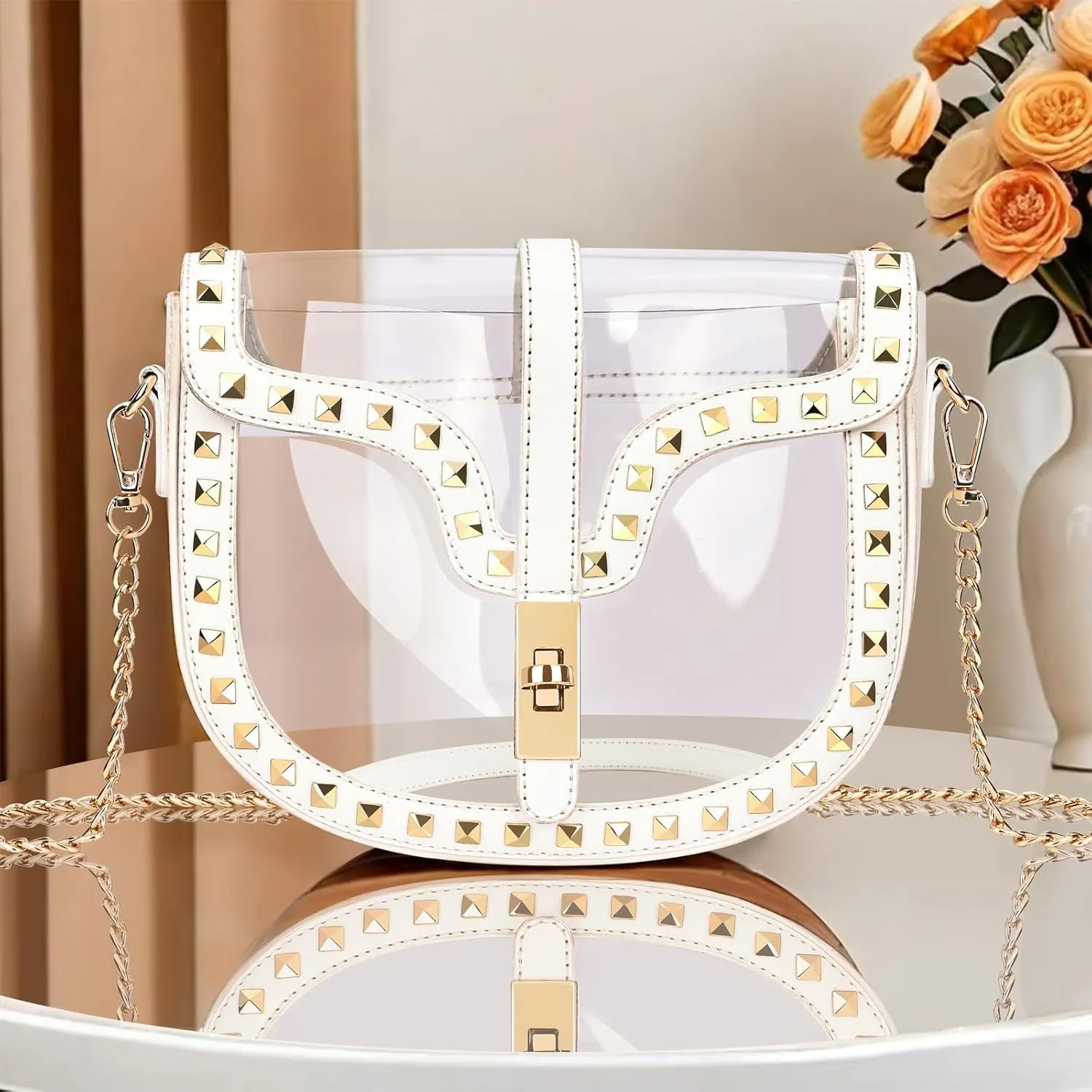 Clear Crossbody Bag for Women Stadium Approved- Vegan Leather See-Through Purse with Zipper, Stylish PVC Studded Should Bag
