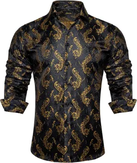 DiBanGu Mens Silk Paisley Dress Shirts,Long Sleeve Button Down Shirt Casual Regular Fit Shirt for Men Wedding Party