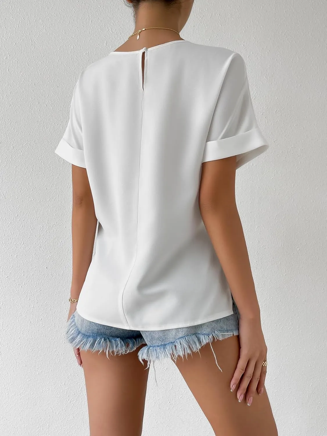 Floerns Women's Casual Solid Rolled Cap Short Sleeve Satin Silk Blouse Tops