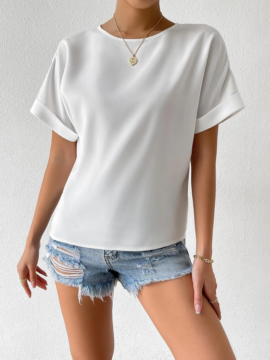 Floerns Women's Casual Solid Rolled Cap Short Sleeve Satin Silk Blouse Tops