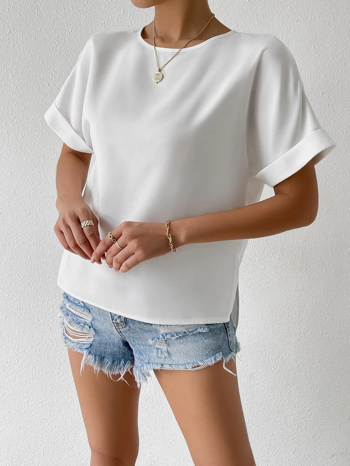 Floerns Women's Casual Solid Rolled Cap Short Sleeve Satin Silk Blouse Tops