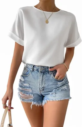 Floerns Women's Casual Solid Rolled Cap Short Sleeve Satin Silk Blouse Tops