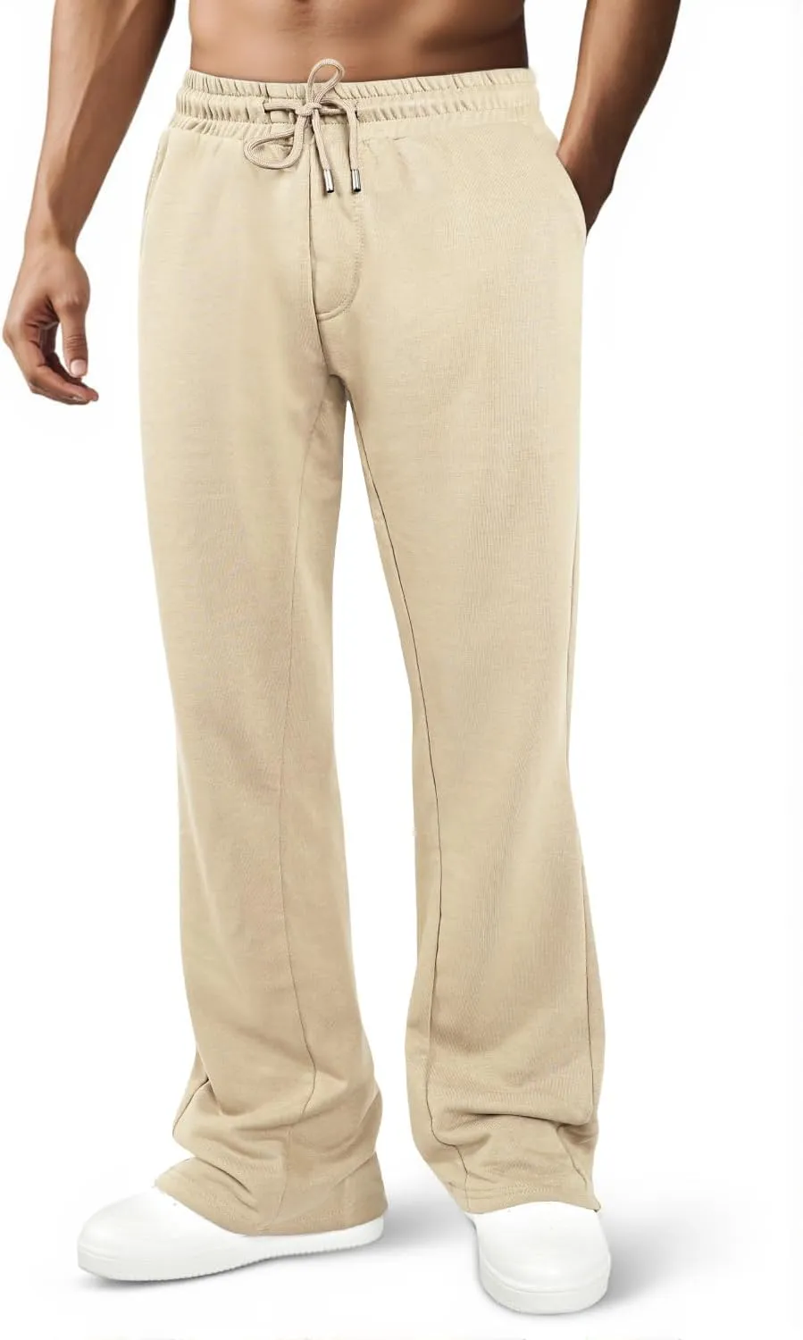 GINGTTO Mens Stacked Flared Sweatpants with Pockets Open Bottom Athletic Lounge Pants for Men Loose Cotton Light Khaki Unisex XS
