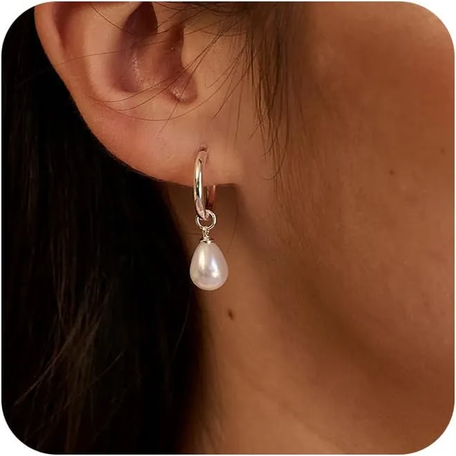 Gold Pearl Earrings for Women - 14K Gold Plated/Silver Dangle Hypoallergenic Lightweight Drop Earrings, Simple Stud Fashion Jewelry Gifts