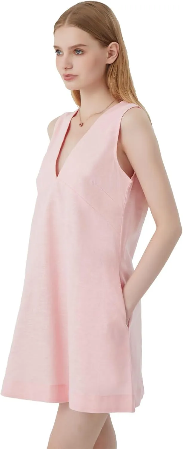 hibshaby Womens Summer Cotton Linen V Neck Short Dress 2025 Sleeveless Mini Dress Casual Tank Dress Sundress with Pockets