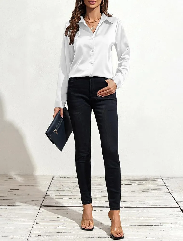 IBAOTORONI Women's Soft Wrinkle Free Satin Button Down Shirts Long Sleeve Classic Collared Business Casual Silk Blouses
