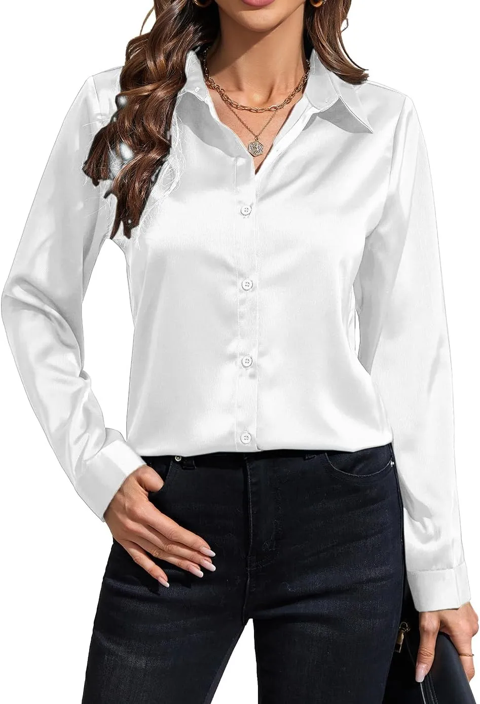 IBAOTORONI Women's Soft Wrinkle Free Satin Button Down Shirts Long Sleeve Classic Collared Business Casual Silk Blouses