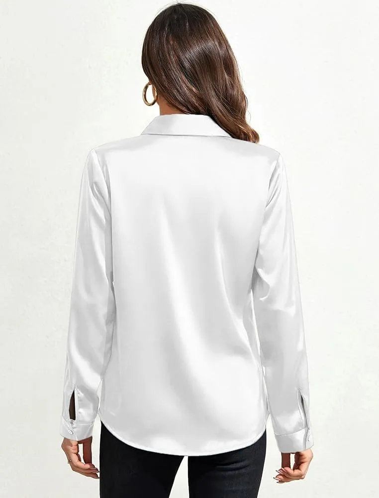 IBAOTORONI Women's Soft Wrinkle Free Satin Button Down Shirts Long Sleeve Classic Collared Business Casual Silk Blouses