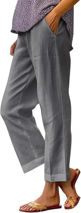 LCMTWX Women's Linen Pants 2024 Summer Pants Long Drawstring Linen Women Waist Cotton Casual Pants Flowy Wide Leg Beach