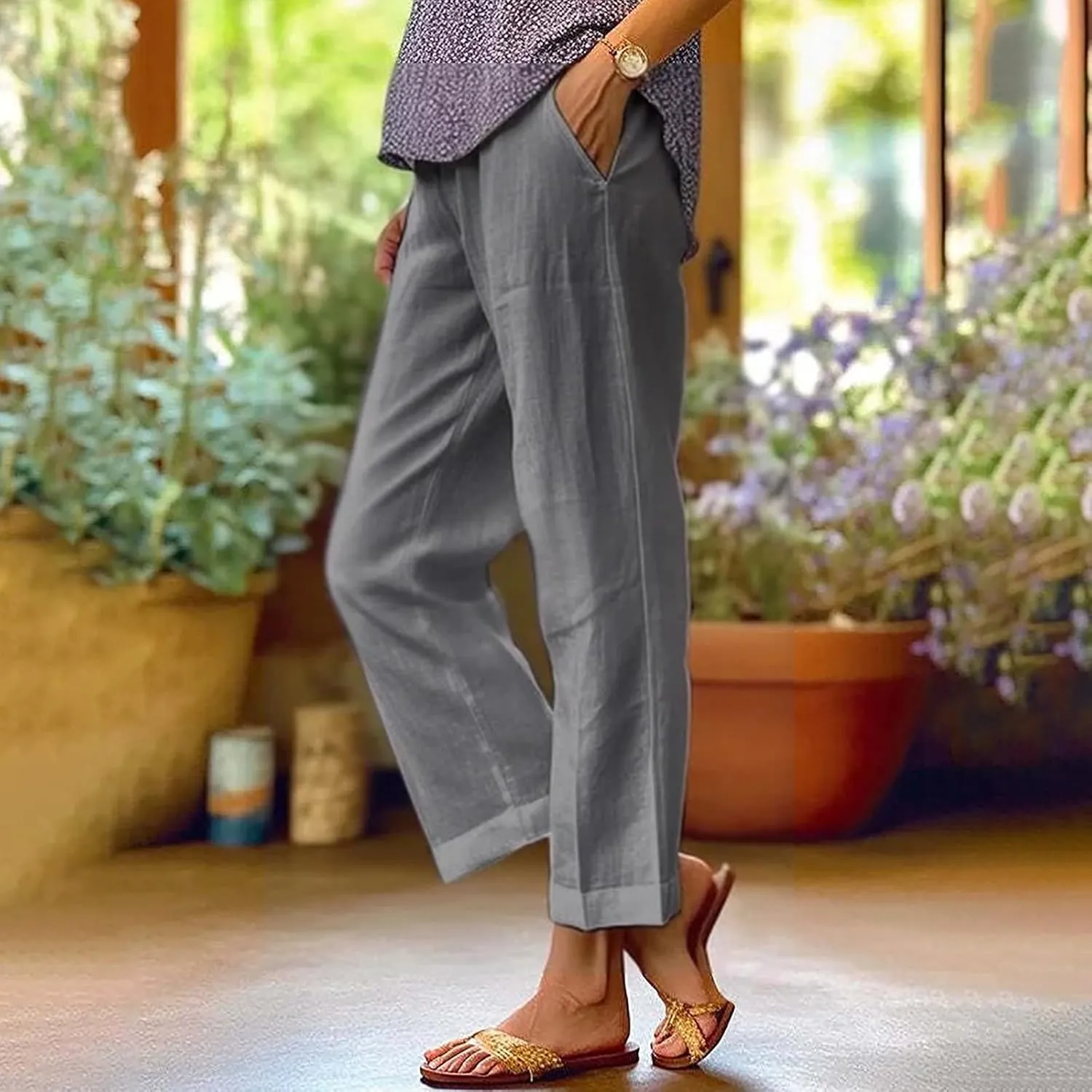 LCMTWX Women's Linen Pants 2024 Summer Pants Long Drawstring Linen Women Waist Cotton Casual Pants Flowy Wide Leg Beach